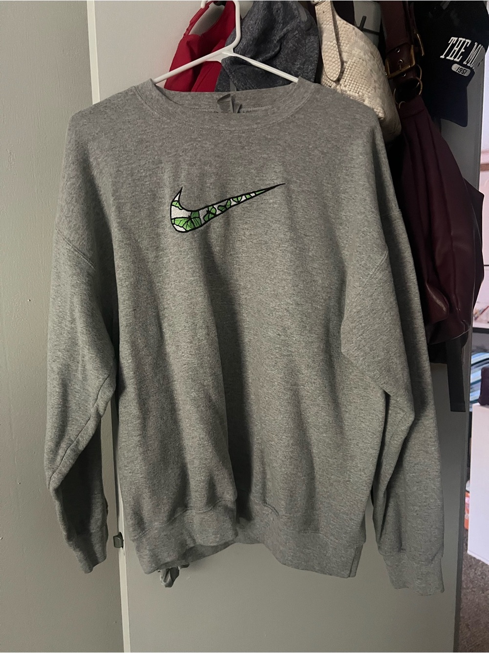 Nike Gray Crewneck Sweatshirt with Green Embroidered Swoosh